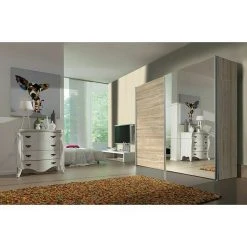 BAUHAUS Express Möbel Schwebetürenschrank Stars B 250 x T 68 x H 216 cm - Eiche Sonoma/Spiegel -Schränke Möbel Mall 12 1162