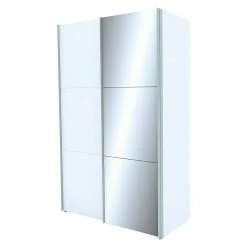 BAUHAUS Express Möbel Schwebetürenschrank | 150 x 68 x 236 cm | Weiß/Spiegel Front, Aluminiumgriffe | Moderner Kleiderschrank