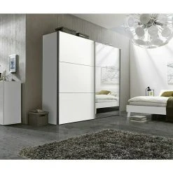 BAUHAUS Express Möbel Schwebetürenschrank Stars - Weiß/Spiegel, Aluminiumfarben Griffe - 250x68x216 cm -Schränke Möbel Mall 12 1240