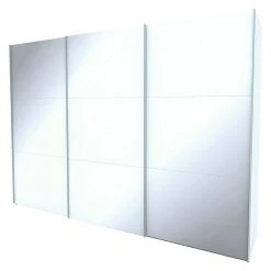 BAUHAUS Express Möbel Schwebetürenschrank Stars - 300 x 68 x 216 cm, Weißglas Front, Weiß Korpus, Aluminiumfarben Griff