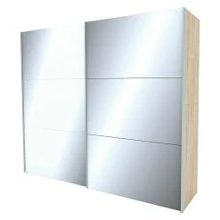 BAUHAUS Express Möbel Schwebetürenschrank Stars B X T X H: 250 X 68 X 216 Cm – Aluminiumfarben Griff, Weißglas/Spiegel Front, Eiche Sonoma Korpus