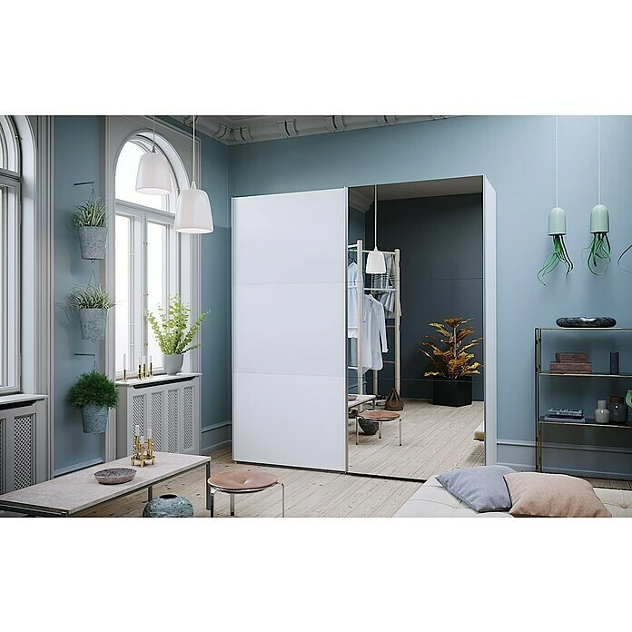 BAUHAUS Express Möbel Schwebetürenschrank Swift - Weiß & Eiche Jackson, 200x68x216 cm, Mit Spiegel & Zubehör 6 BAUHAUS Express Möbel Schwebetürenschrank Swift - Weiß & Eiche Jackson, 200x68x216 cm, Mit Spiegel & Zubehör – Bild 4