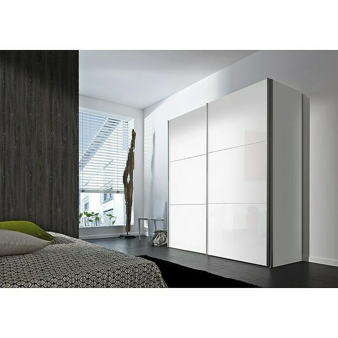 BAUHAUS Express Möbel Schwebetürenschrank Stars B 200 x T 68 x H 216 cm - Weißglas, Aluminiumfarben Griffe, Weißer Korpus 5 BAUHAUS Express Möbel Schwebetürenschrank Stars B 200 x T 68 x H 216 cm - Weißglas, Aluminiumfarben Griffe, Weißer Korpus – Bild 3