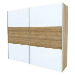 BAUHAUS Express Möbel Schwebetürenschrank Stars B 250 x T 68 x H 216 cm, Weiß/Eiche Riviera, Aluminiumfarben Griffe