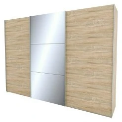 BAUHAUS Express Möbel Schwebetürenschrank Stars - 300 x 68 x 216 cm, Eiche Sonoma/Spiegel, Aluminiumfarbene Griffe