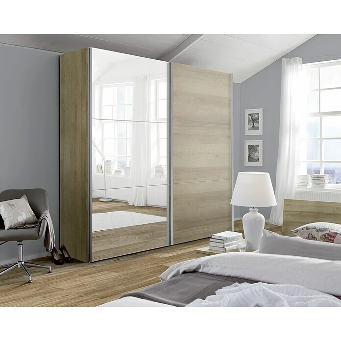 BAUHAUS Express Möbel Schwebetürenschrank Stars B x T x H: 200 x 68 x 236 cm | Aluminiumfarben Griff, Spiegelfront, Eiche Sonoma Korpus 5 BAUHAUS Express Möbel Schwebetürenschrank Stars B x T x H: 200 x 68 x 236 cm | Aluminiumfarben Griff, Spiegelfront, Eiche Sonoma Korpus – Bild 3