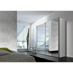 BAUHAUS Express Möbel Schwebetürenschrank Stars - 200 x 68 x 216 cm, Aluminiumfarben Griff, Spiegel Front, Weiß Korpus -Schränke Möbel Mall 12 1778