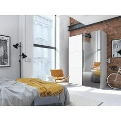 BAUHAUS Express Möbel Schwebetürenschrank Swift 150x68x216 cm, Weiß mit Spiegel -Schränke Möbel Mall 12 293