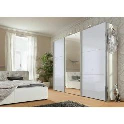 BAUHAUS Express Möbel Schwebetürenschrank Stars B 300 x T 68 x H 216 cm - Aluminiumfarben Griff, Spiegel Front, Seidengrau Korpus -Schränke Möbel Mall 12 349