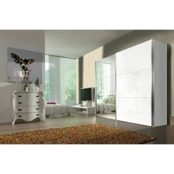 BAUHAUS Express Möbel Schwebetürenschrank Stars B 250 x T 68 x H 216 cm | Aluminiumfarben Griffe | Weißglas/Spiegel Front | Weißer Korpus -Schränke Möbel Mall 12 354