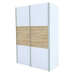 BAUHAUS Express Möbel Schwebetürenschrank Stars B X T X H: 150 X 68 X 216 Cm, Aluminiumfarben Griff, Weiß/Eiche Sonoma Front, Weiß Korpus