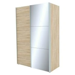 BAUHAUS Express Möbel Schwebetürenschrank Stars B 150 x T 68 x H 216 cm - Eiche Sonoma/Spiegel, Aluminiumfarben Griffe